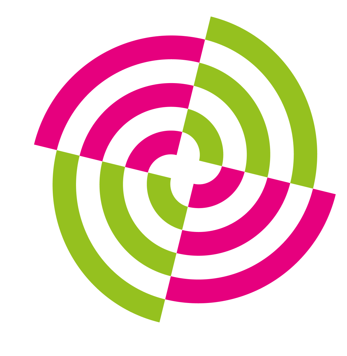Vortexartige Grafik mit pinken, weißen und grünen Wellen, die spiralförmig angeordnet sind.