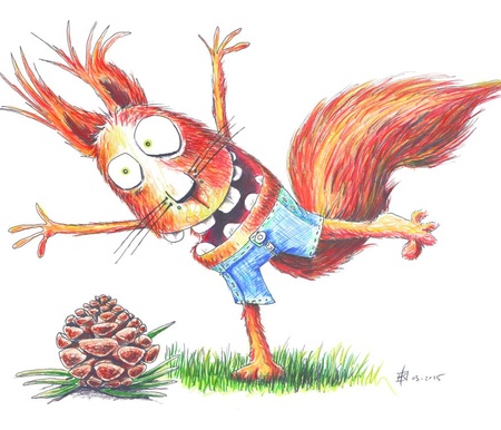 Ein fröhliches, cartoonhaftes Eichhörnchen tanzt auf einem Bein neben einem Tannenzapfen im Gras.