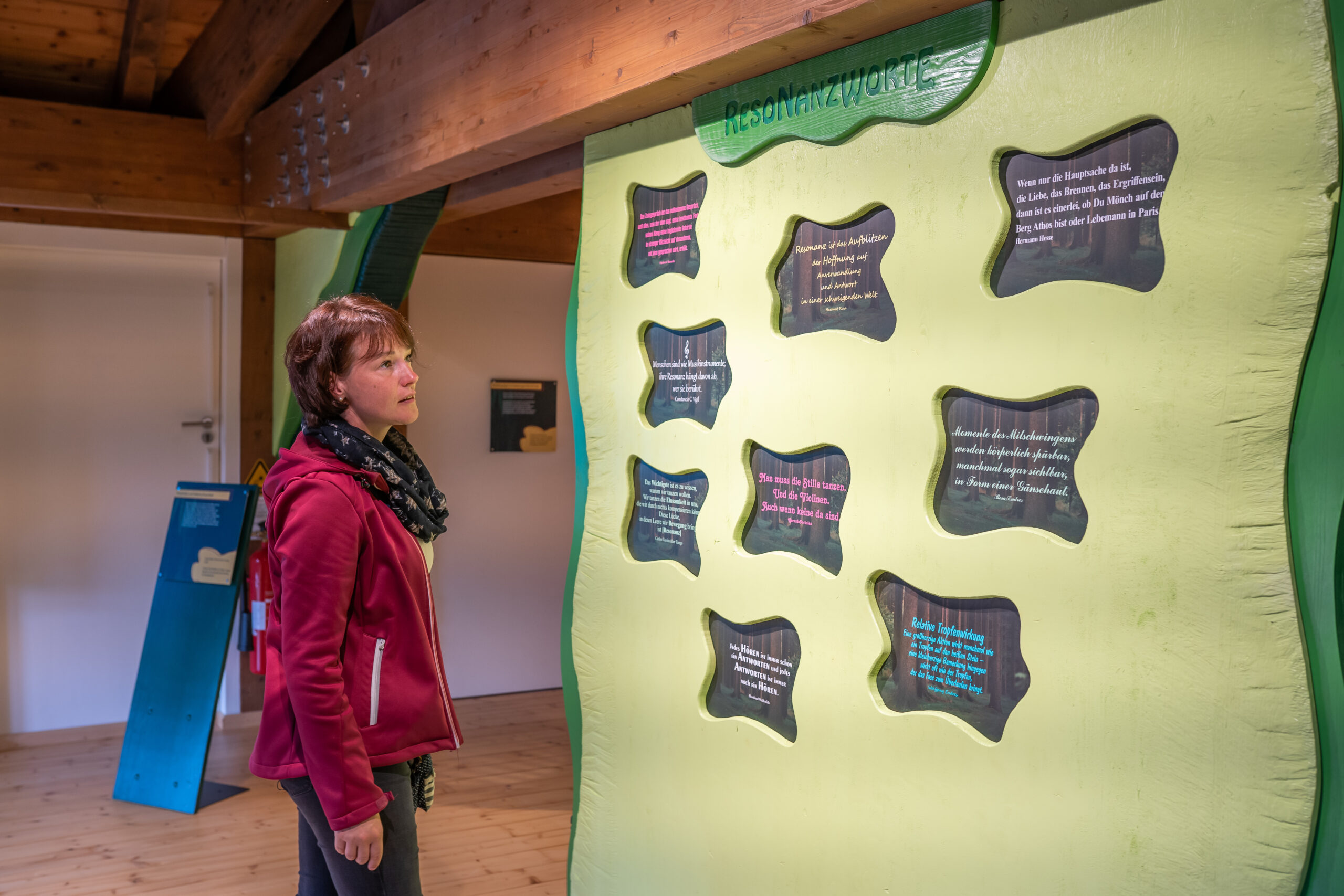 Eine Person betrachtet interaktive Tafeln mit Texten im Ausstellungsraum. Hölzerner Innenraum, helle Farben.