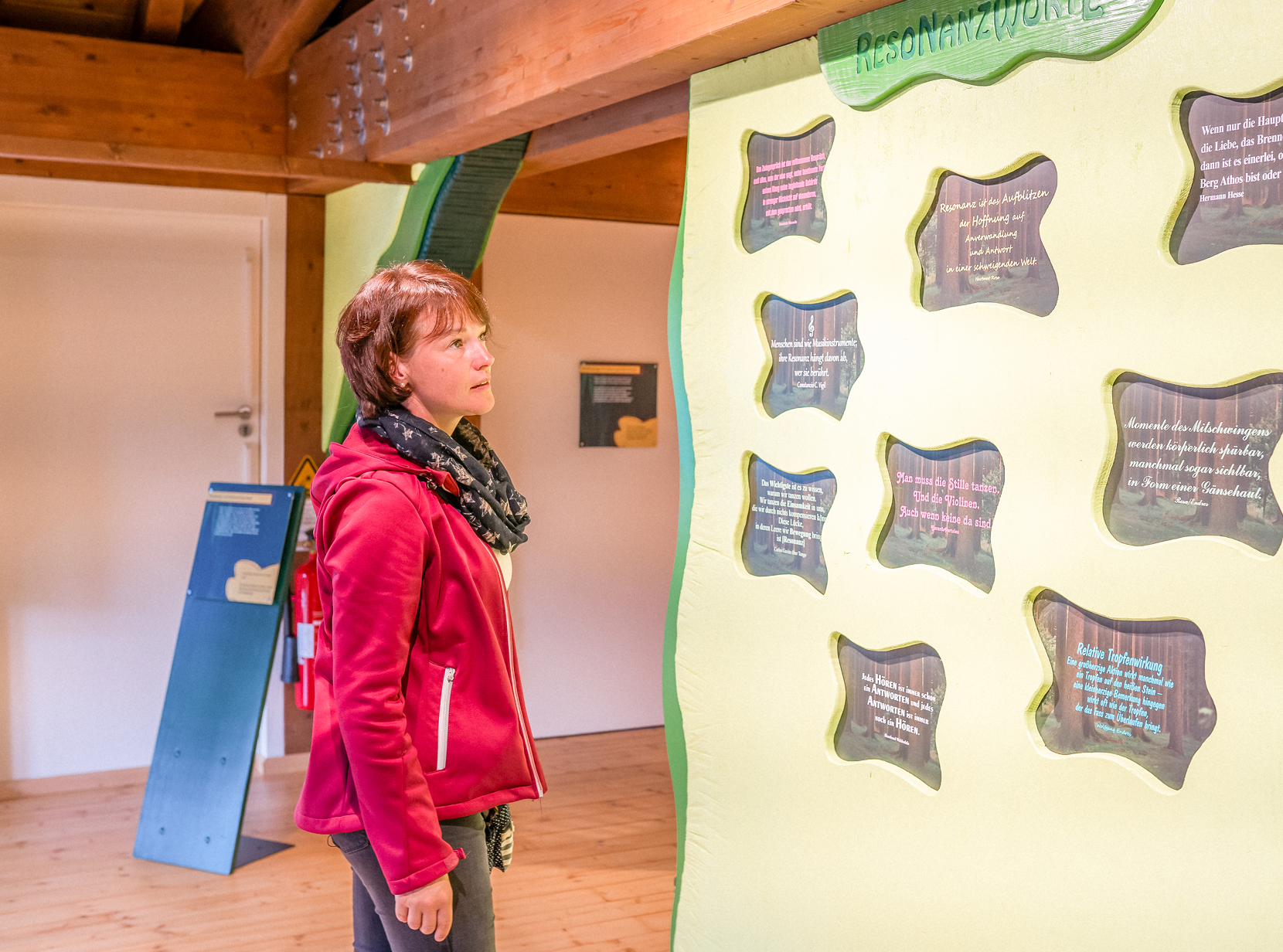 Eine Person betrachtet informative Texte an einer interaktiven Wand in einem Ausstellungsraum.